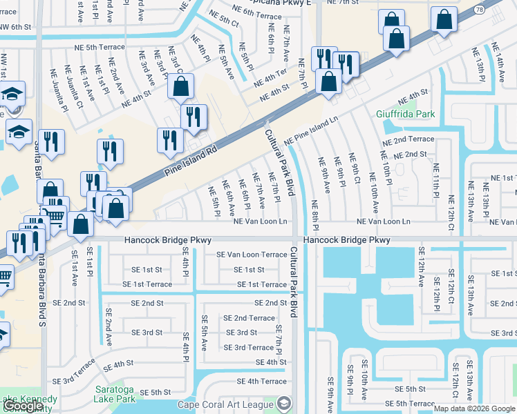 map of restaurants, bars, coffee shops, grocery stores, and more near 109 Northeast 6th Place in Cape Coral