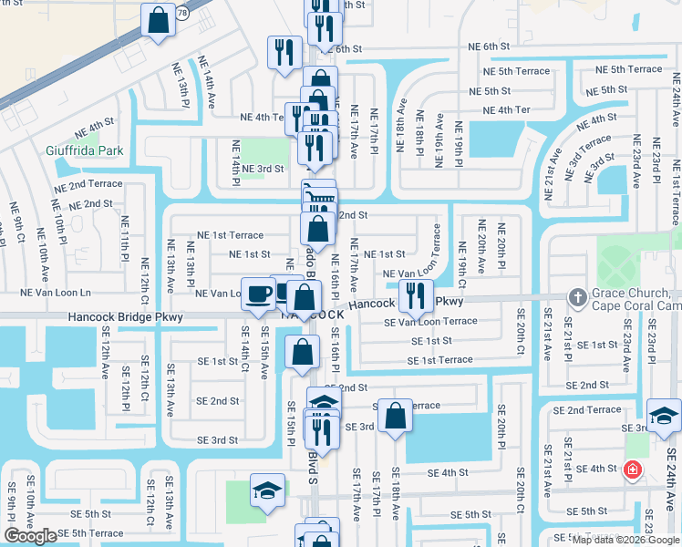 map of restaurants, bars, coffee shops, grocery stores, and more near 17 Northeast 17th Avenue in Cape Coral