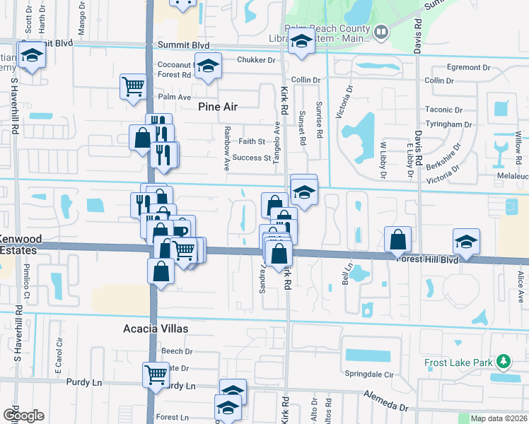 map of restaurants, bars, coffee shops, grocery stores, and more near 1584 Forest Lakes Circle in West Palm Beach