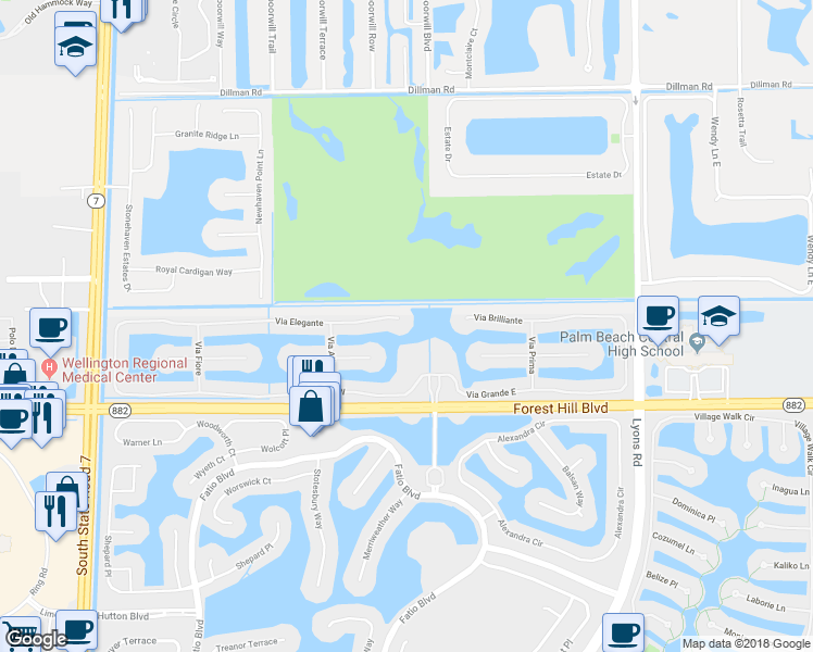 map of restaurants, bars, coffee shops, grocery stores, and more near 9066 Via Elegante in Wellington