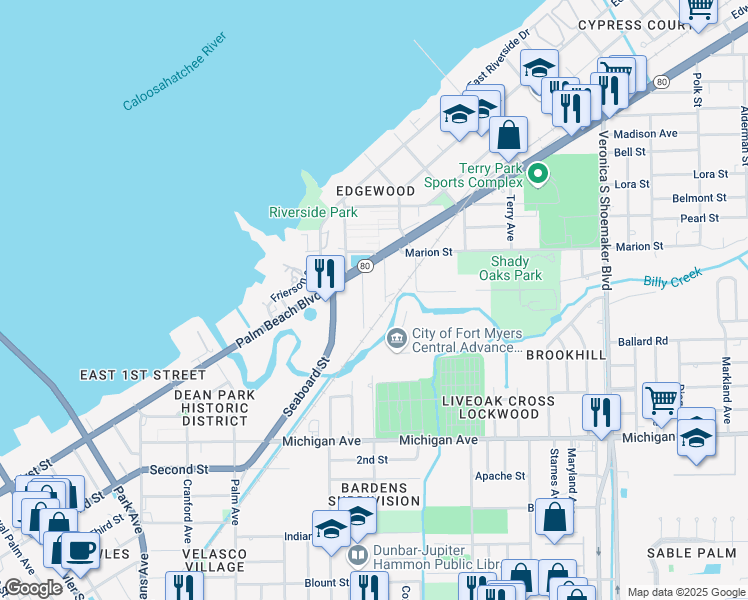 map of restaurants, bars, coffee shops, grocery stores, and more near 1280 Williams Street in Fort Myers