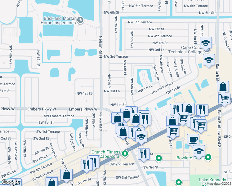 map of restaurants, bars, coffee shops, grocery stores, and more near 632 Northwest 1st Lane in Cape Coral