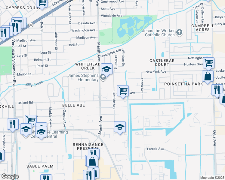 map of restaurants, bars, coffee shops, grocery stores, and more near 12 Clotilde Avenue in Fort Myers
