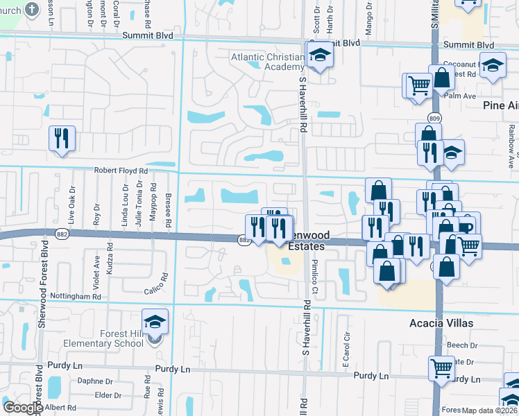 map of restaurants, bars, coffee shops, grocery stores, and more near 5255 Mendoza Street in West Palm Beach