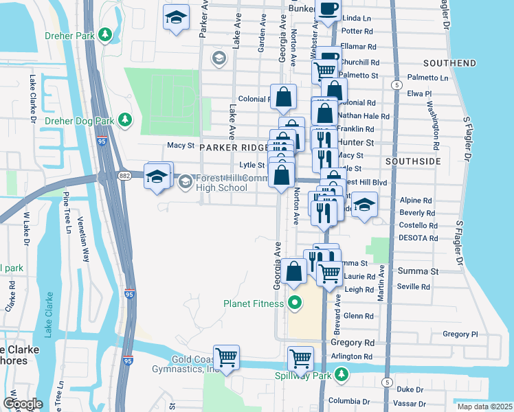 map of restaurants, bars, coffee shops, grocery stores, and more near 700 Maddock Street in West Palm Beach