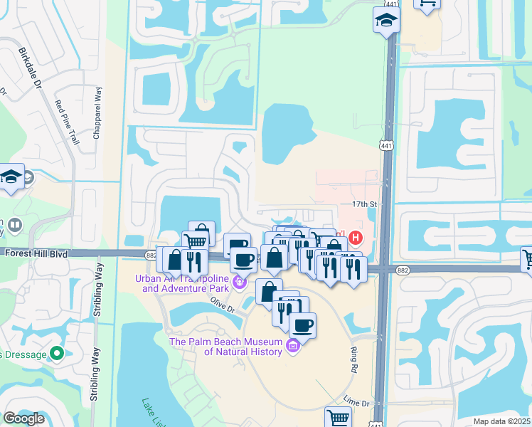 map of restaurants, bars, coffee shops, grocery stores, and more near 10484 Polo Lake Drive West in Wellington