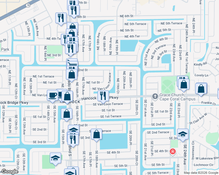 map of restaurants, bars, coffee shops, grocery stores, and more near 1820 Northeast Van Loon Terrace in Cape Coral