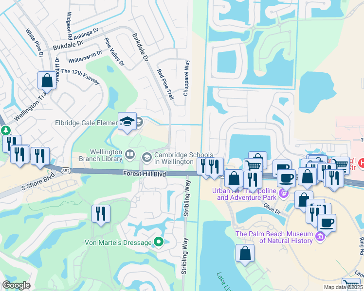 map of restaurants, bars, coffee shops, grocery stores, and more near 1852 Shower Tree Way in Wellington