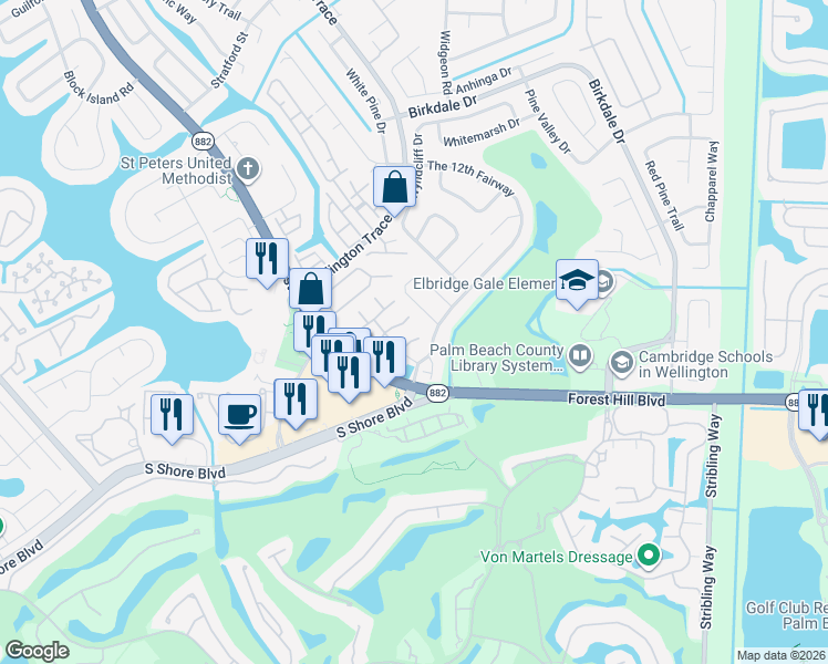 map of restaurants, bars, coffee shops, grocery stores, and more near 11837 Donlin Drive in Wellington