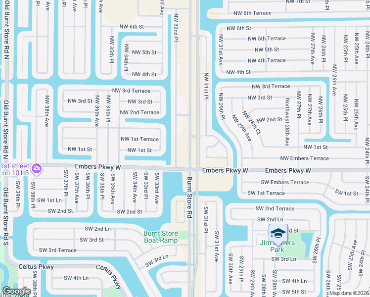 map of restaurants, bars, coffee shops, grocery stores, and more near 17 Northwest 32nd Place in Cape Coral