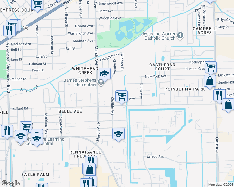 map of restaurants, bars, coffee shops, grocery stores, and more near 101 Diana Avenue in Fort Myers