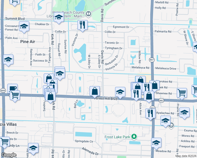map of restaurants, bars, coffee shops, grocery stores, and more near 3561 Forest Hill Boulevard in Palm Springs