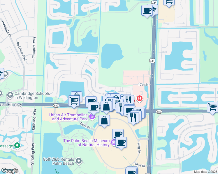 map of restaurants, bars, coffee shops, grocery stores, and more near 10400 Polo Lake Drive in Wellington
