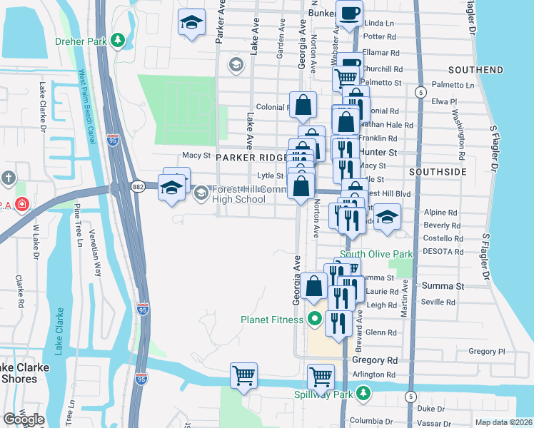 map of restaurants, bars, coffee shops, grocery stores, and more near 711 Maddock St in West Palm Beach