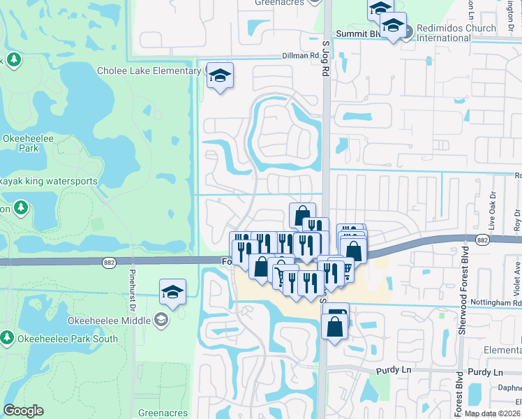 map of restaurants, bars, coffee shops, grocery stores, and more near 1617 Crooked Stick Way in Greenacres