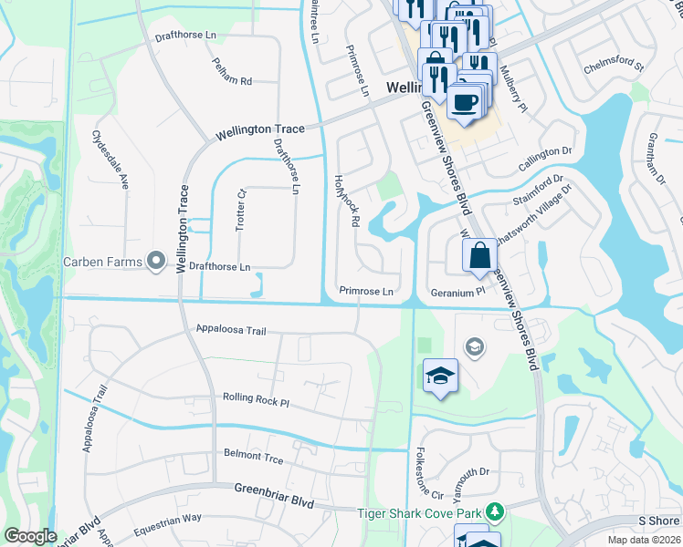 map of restaurants, bars, coffee shops, grocery stores, and more near 1800 Primrose Lane in Wellington