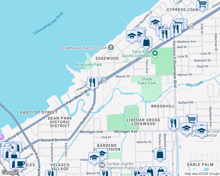 map of restaurants, bars, coffee shops, grocery stores, and more near 1280 Williams Street in Fort Myers