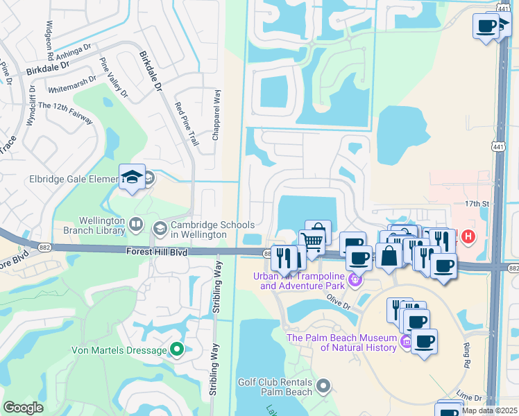 map of restaurants, bars, coffee shops, grocery stores, and more near 1912 Oak Berry Circle in Wellington