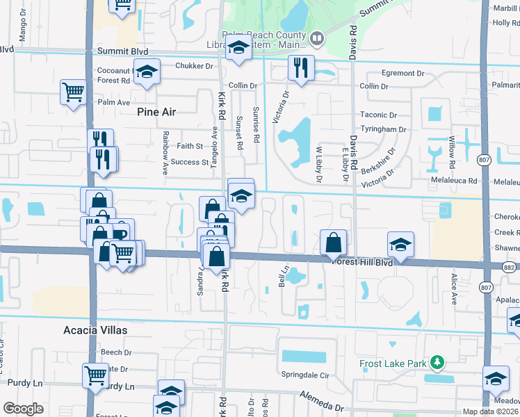 map of restaurants, bars, coffee shops, grocery stores, and more near 1493 Royal Forest Court in West Palm Beach