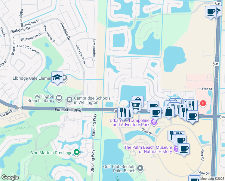 map of restaurants, bars, coffee shops, grocery stores, and more near 1912 Oak Berry Circle in Wellington