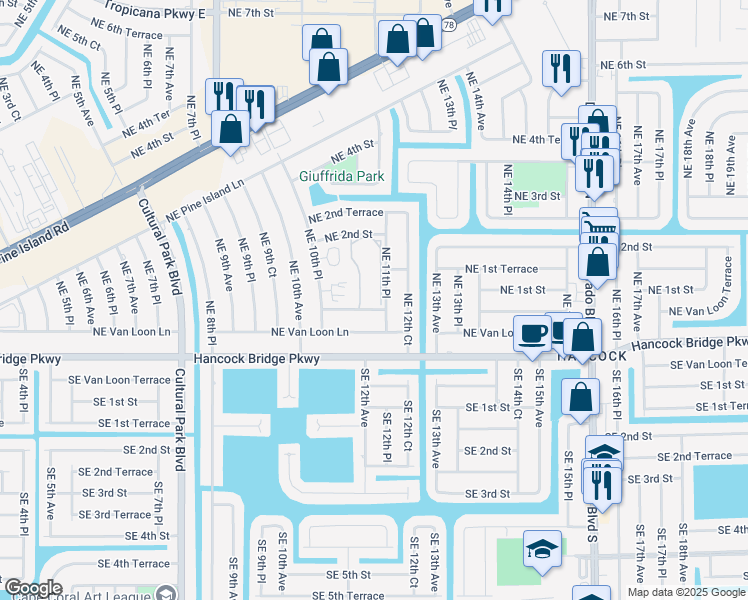 map of restaurants, bars, coffee shops, grocery stores, and more near 1042 Northeast Van Loon Terrace in Cape Coral