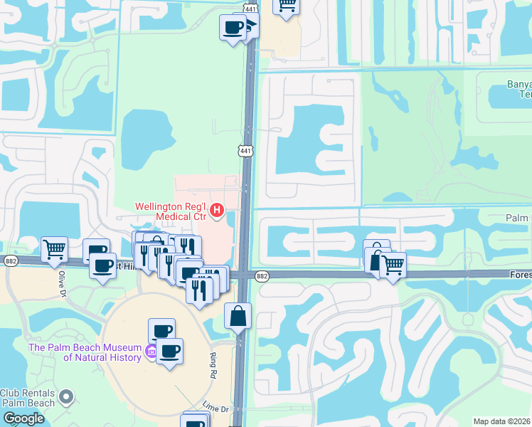 map of restaurants, bars, coffee shops, grocery stores, and more near 9906 Via Elegante in Wellington