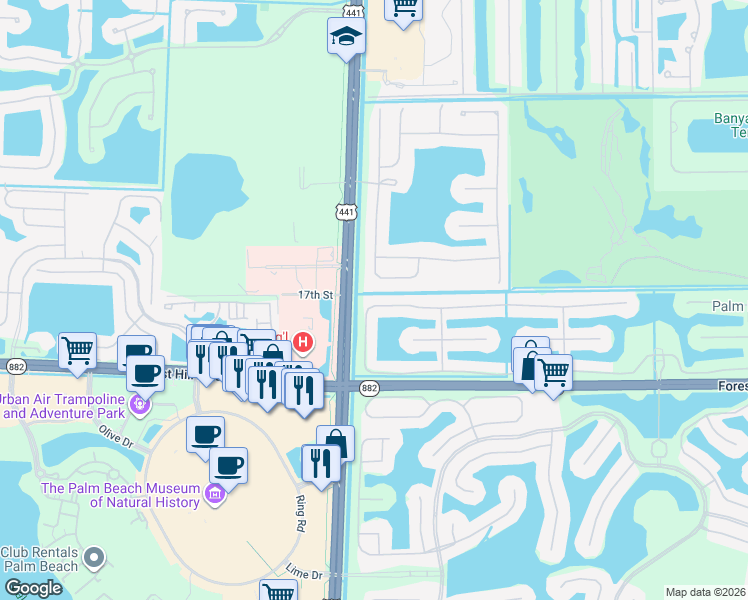 map of restaurants, bars, coffee shops, grocery stores, and more near 9906 Via Elegante in Wellington