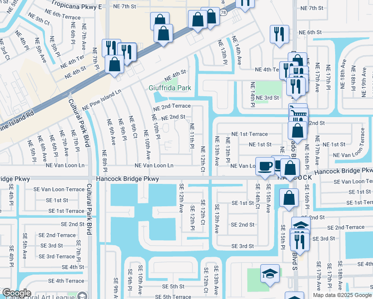 map of restaurants, bars, coffee shops, grocery stores, and more near 1042 Northeast Van Loon Terrace in Cape Coral