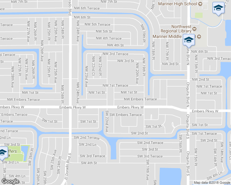 map of restaurants, bars, coffee shops, grocery stores, and more near 2090 Northwest 1st Street in Cape Coral