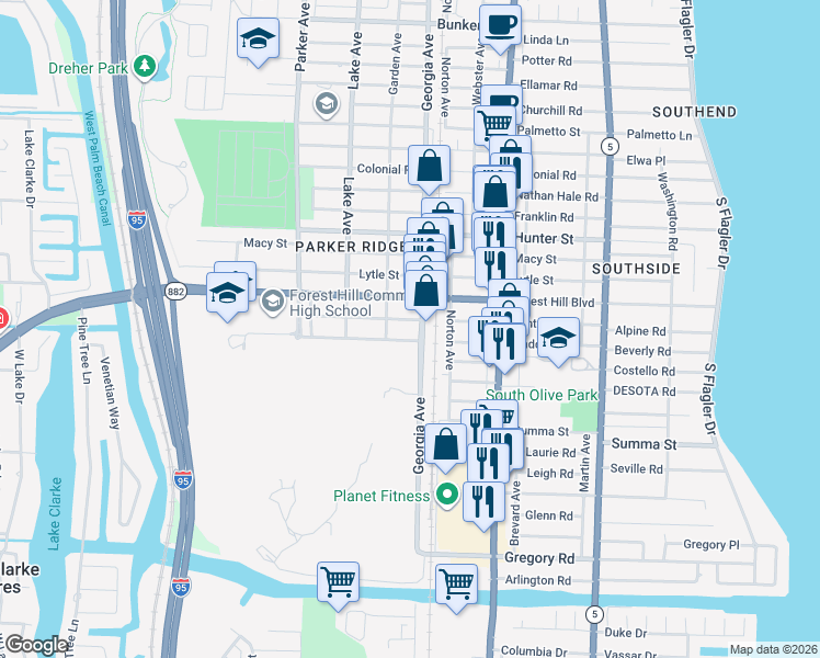 map of restaurants, bars, coffee shops, grocery stores, and more near 619 Maddock Street in West Palm Beach