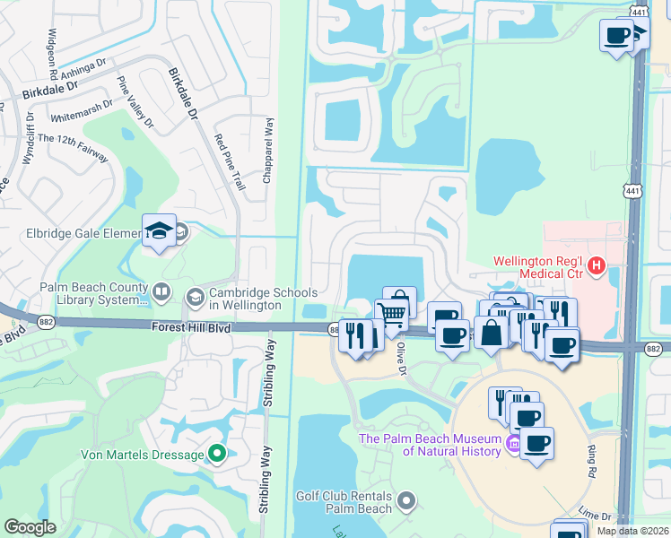 map of restaurants, bars, coffee shops, grocery stores, and more near 1975 Oak Berry Circle in Wellington