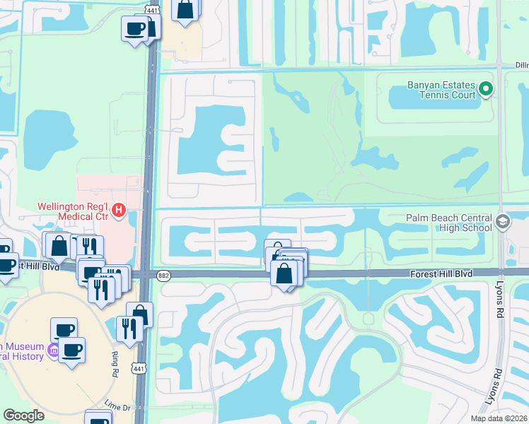 map of restaurants, bars, coffee shops, grocery stores, and more near 9469 Via Elegante in Wellington