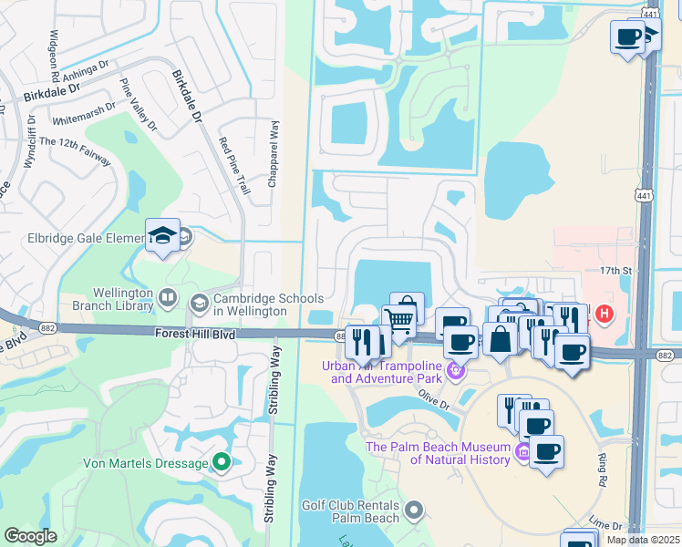 map of restaurants, bars, coffee shops, grocery stores, and more near 1959 Oak Berry Circle in Wellington
