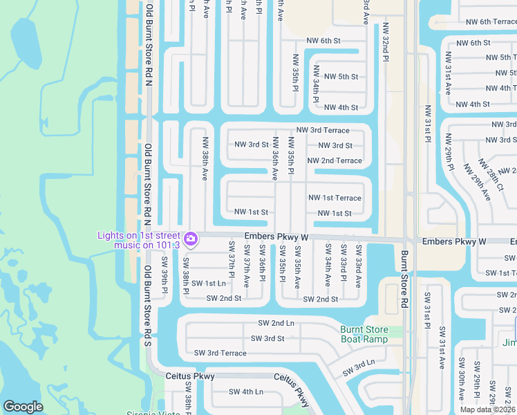 map of restaurants, bars, coffee shops, grocery stores, and more near 3600 Northwest 1st Street in Cape Coral