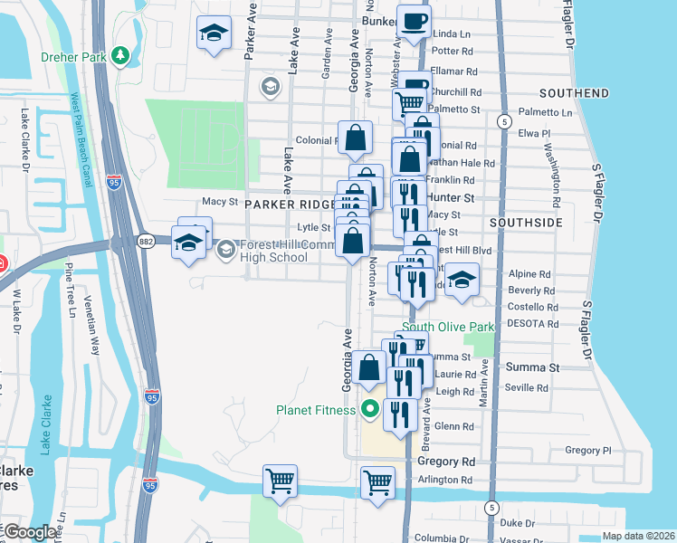map of restaurants, bars, coffee shops, grocery stores, and more near 619 Maddock Street in West Palm Beach