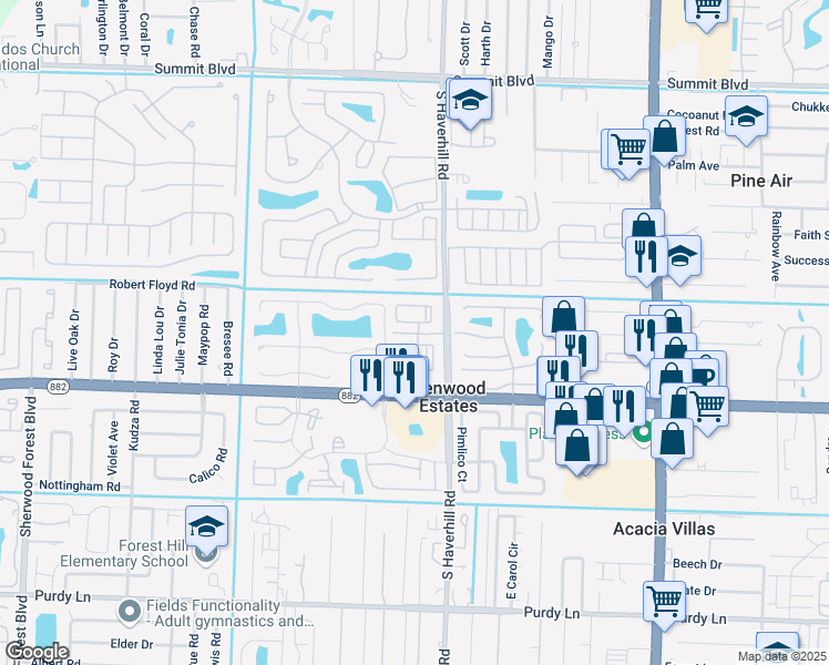 map of restaurants, bars, coffee shops, grocery stores, and more near 5243 Mendoza Street in West Palm Beach