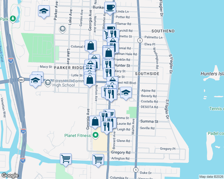 map of restaurants, bars, coffee shops, grocery stores, and more near 408 Maddock Street in West Palm Beach