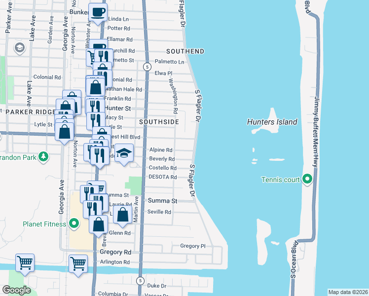 map of restaurants, bars, coffee shops, grocery stores, and more near 125 Beverly Road in West Palm Beach