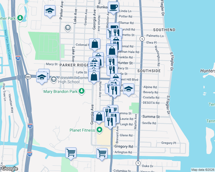 map of restaurants, bars, coffee shops, grocery stores, and more near 408 Maddock Street in West Palm Beach