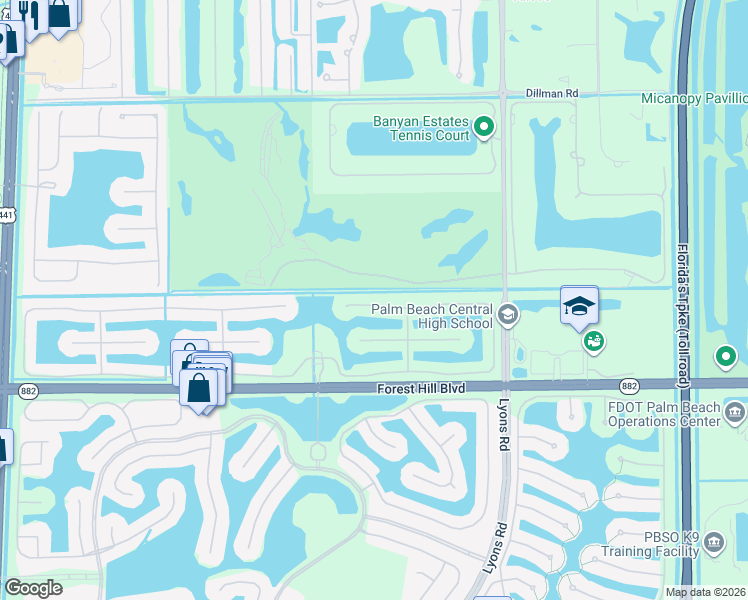 map of restaurants, bars, coffee shops, grocery stores, and more near 8842 Via Brilliante in Wellington