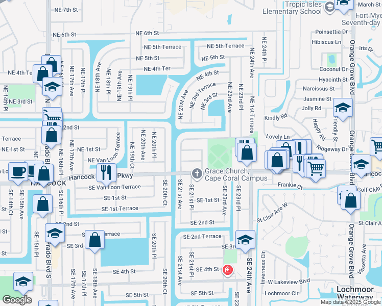 map of restaurants, bars, coffee shops, grocery stores, and more near 2120 Northeast Van Loon Terrace in Cape Coral