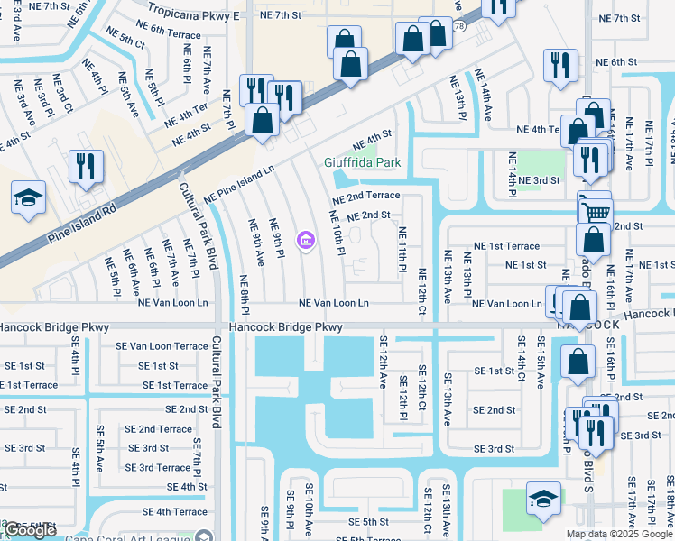 map of restaurants, bars, coffee shops, grocery stores, and more near 1018 Northeast Van Loon Terrace in Cape Coral