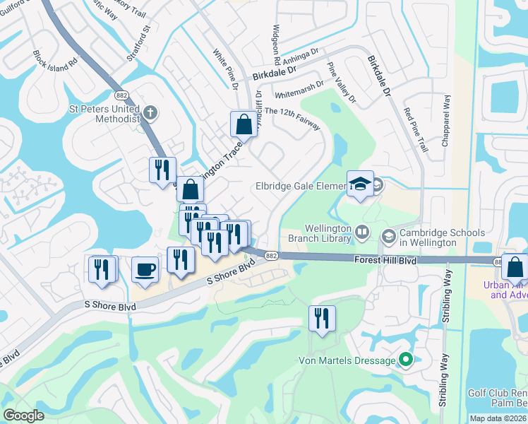 map of restaurants, bars, coffee shops, grocery stores, and more near 11815 Donlin Drive in Wellington