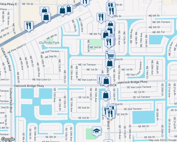 map of restaurants, bars, coffee shops, grocery stores, and more near 1404 Northeast 1st Street in Cape Coral