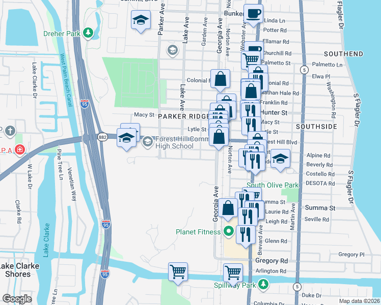 map of restaurants, bars, coffee shops, grocery stores, and more near 711 Maddock Street in West Palm Beach