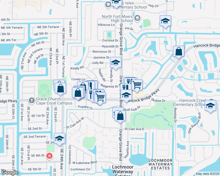 map of restaurants, bars, coffee shops, grocery stores, and more near 911 Ridgeway Drive in North Fort Myers