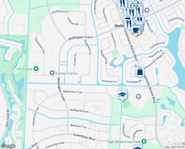 map of restaurants, bars, coffee shops, grocery stores, and more near 14575 Drafthorse Lane in Wellington