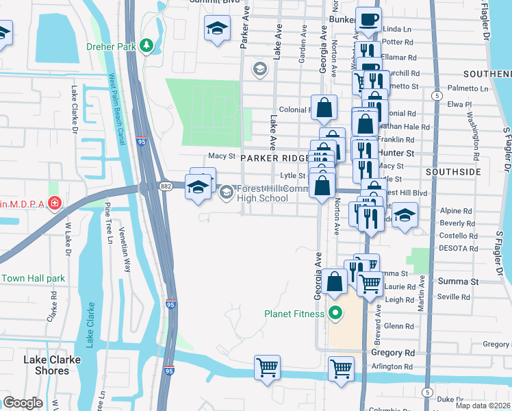 map of restaurants, bars, coffee shops, grocery stores, and more near 810 Forest Hill Boulevard in West Palm Beach
