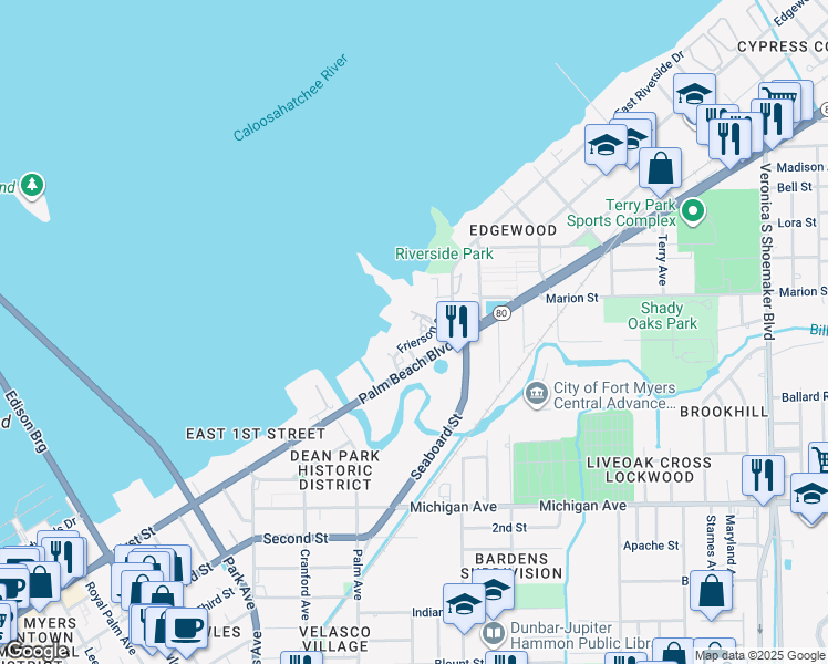 map of restaurants, bars, coffee shops, grocery stores, and more near 3027 East Riverside Drive in Fort Myers