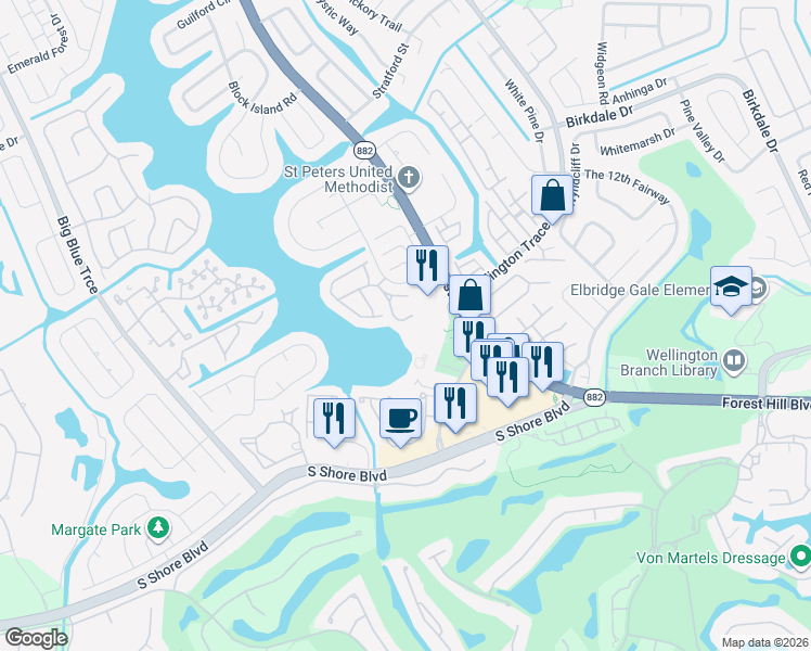 map of restaurants, bars, coffee shops, grocery stores, and more near 12244 Sag Harbor Court in Wellington